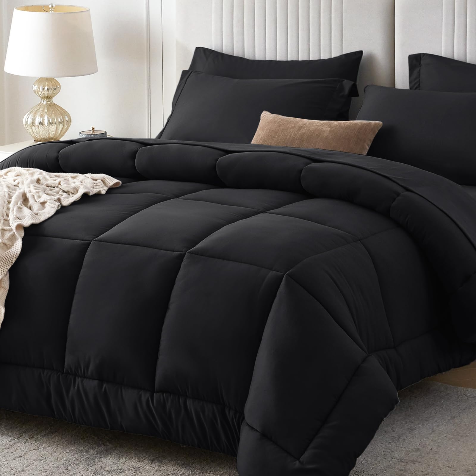 Sasttie Oversized Queen Comforter Set, 7 Pieces Extra Large Bed in a Bag, Complete Bedding Set Includes 98''x98'' Comforter, Flat Sheet, Fitted Sheet, Pillowcases and Pillow Shams, Black Image