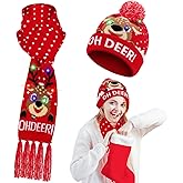 2 Pieces LED Light up Christmas Hat Lights Scarf Set Xmas Flashing Beanie Cap Knitted Scarf for Christmas Holiday Party