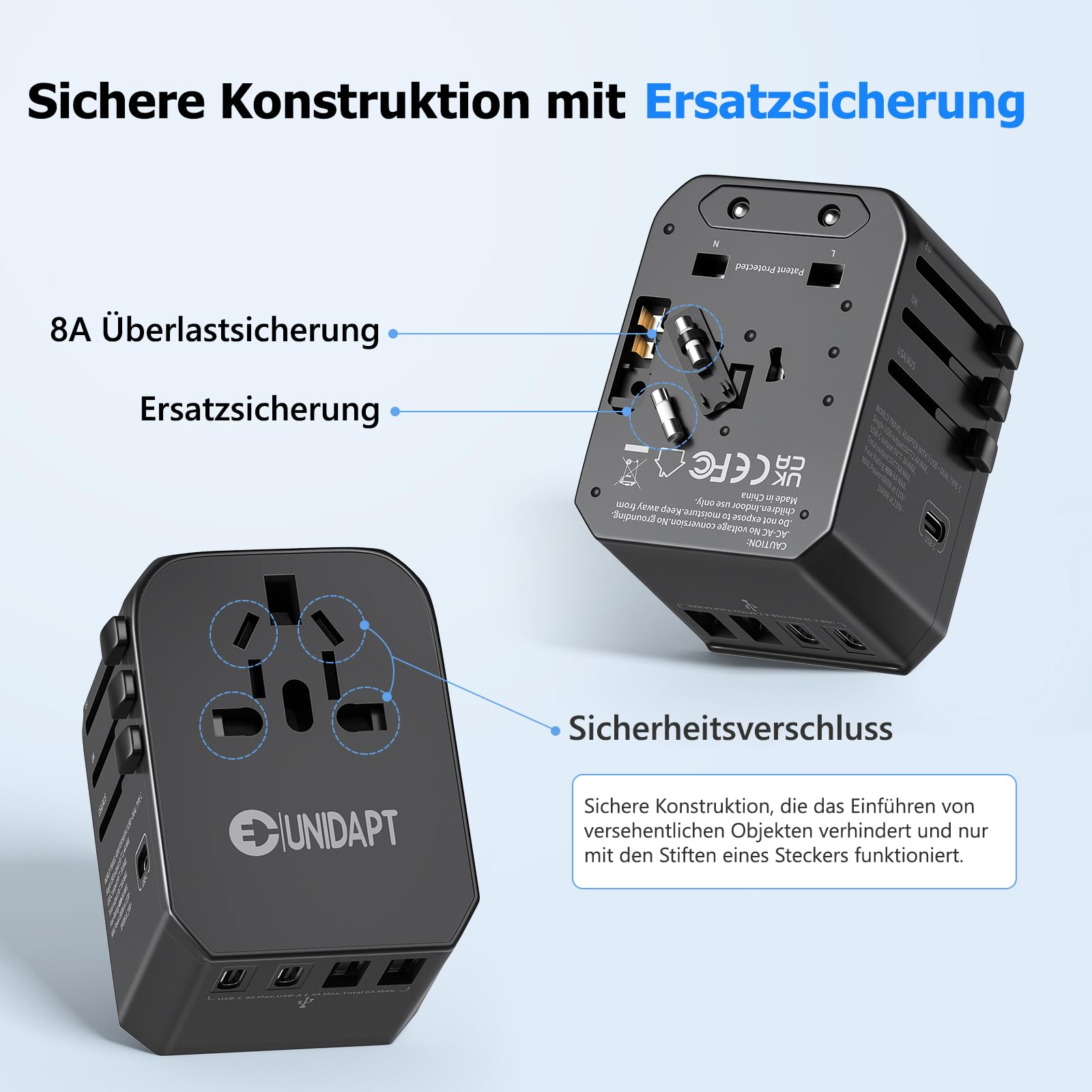 Reiseadapter Weltweit, Unidapt Universal Reisestecker mit 3USB C 2USB und 1AC Steckdose, Internationaler Steckdosenadapter, Universaladapter für Deutschland USA England Thailand Italien Australien 5