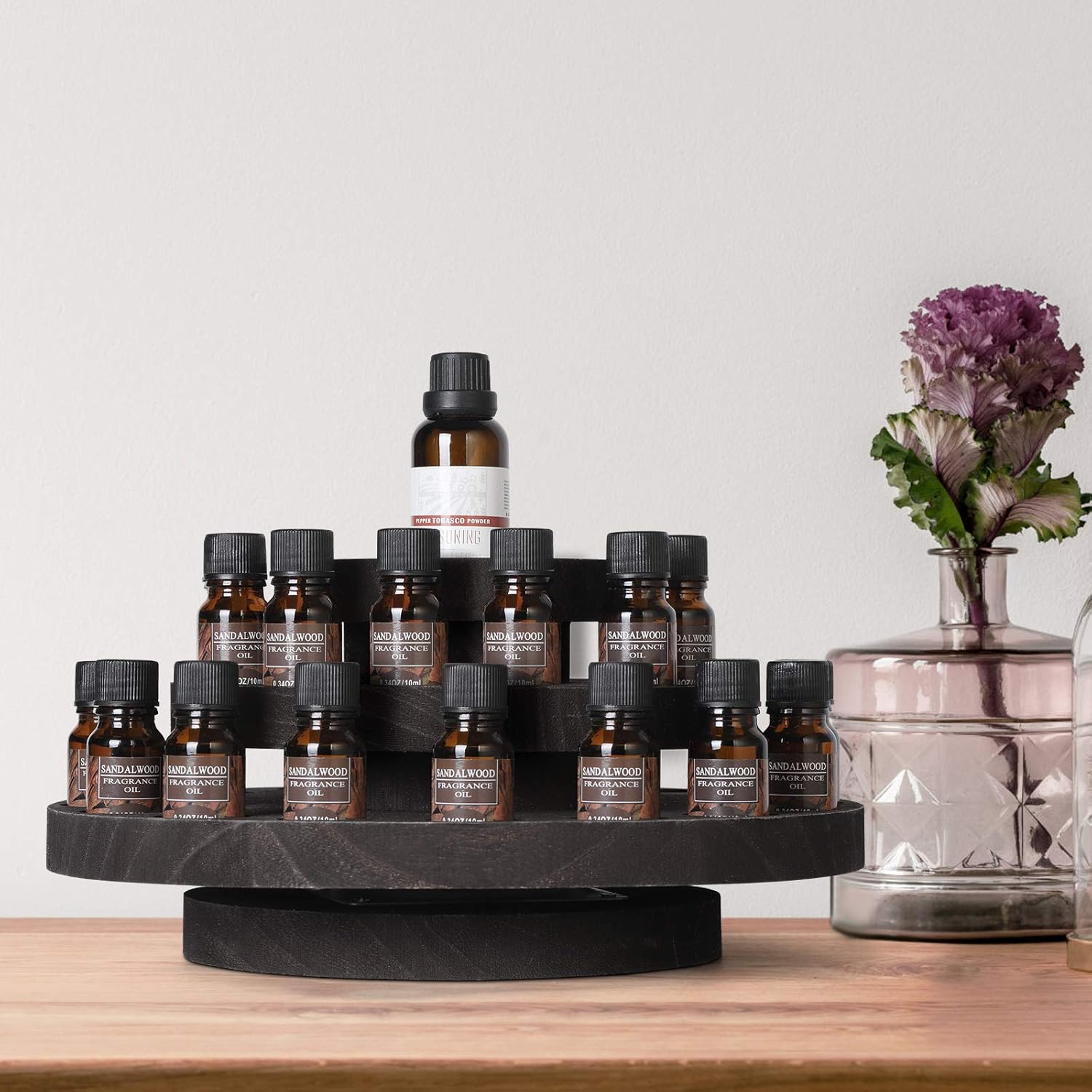 MOOACE 3 Tier Rotating Essential Oil Storage Box Hold 5/10/15/20/30ml Bottles, Wood Essential Oil Organizer Display, Dark Brown: Beauty