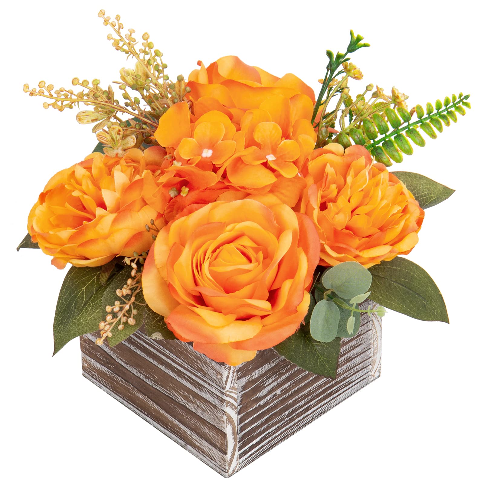 Hollyone Artificial Flowers Mixed Roses Hydrangeas Peonies in Pot, Orange Silk Flowers Decorative Faux Flowers with Pot for Centerpiece, Wedding, Bathroom, Kitchen, Home Decor