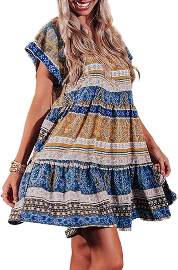 Perome Women's Casual Boho Dress VNeck Short Sleeve Loose Fit Fashion