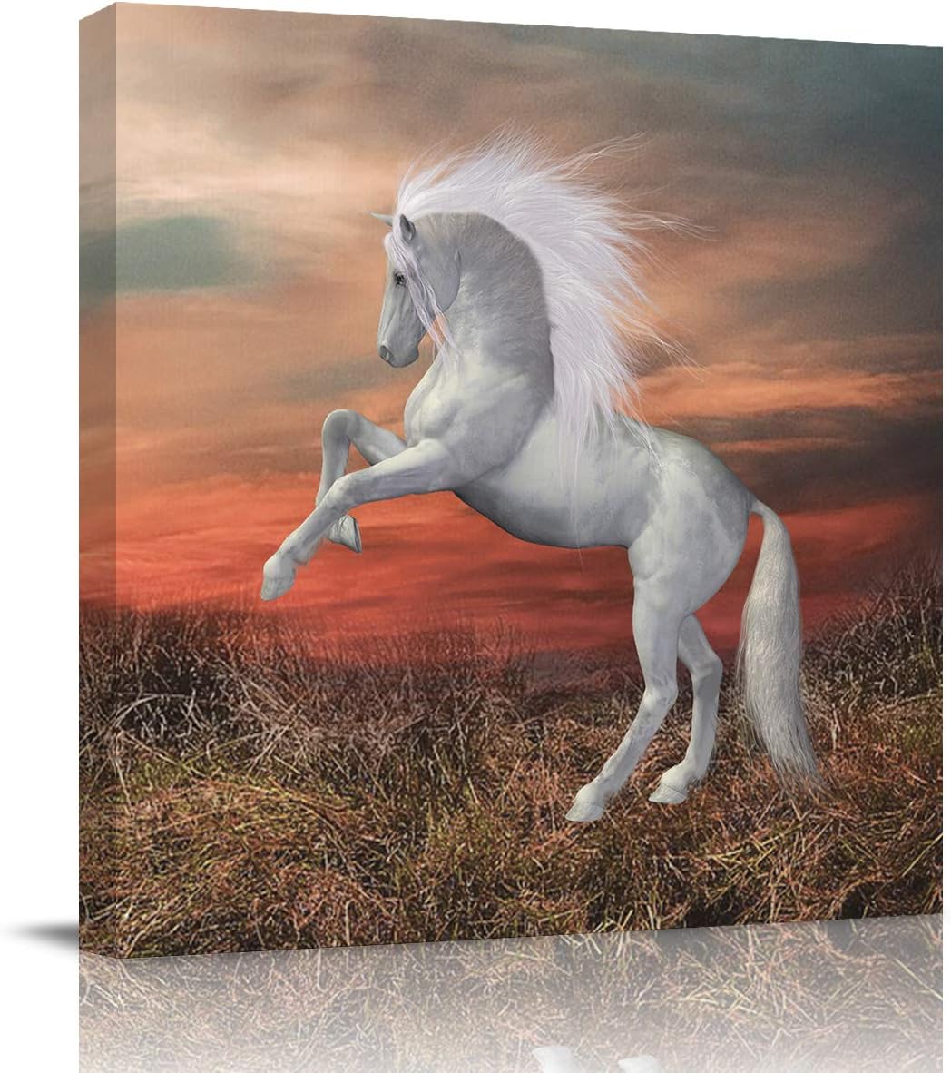 Canvas Prints Wall Art Oil Paintings Wall Decor White Horse Jumps up at Dusk Picture on Canvas Stretched Modern Artwork for Livingroom Bedroom Office 8x8in