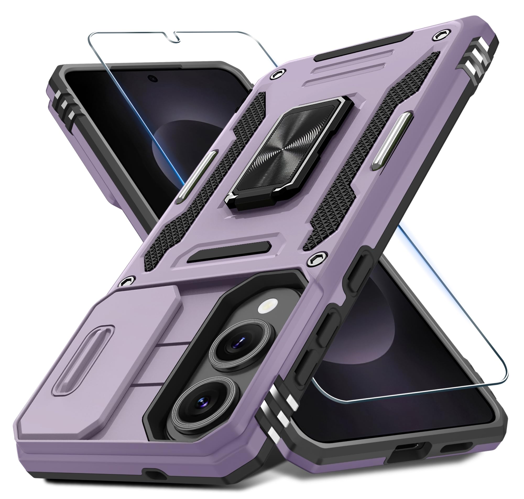 Photo 1 of DEERLAMN Case for Samsung Galaxy S25 Edge with Slide Camera Cover+Screen Protector (1 Pack), Rotated Ring Kickstand Military Grade Shockproof Protective Cover-Deep Purple