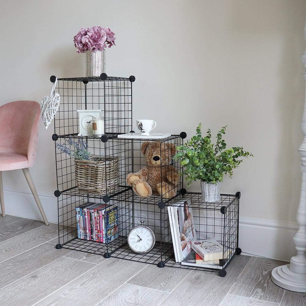 Wido Set of 6 Black Wire Interlocking Storage Cubes Rack Metal Mesh Shelves Modular Combination