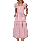 Caracilia Womens Summer Maxi Dress 2026 Casual Ruffle Short Sleeve Square Neck Smocked Flowy Sundress Beach Vacation Clothes