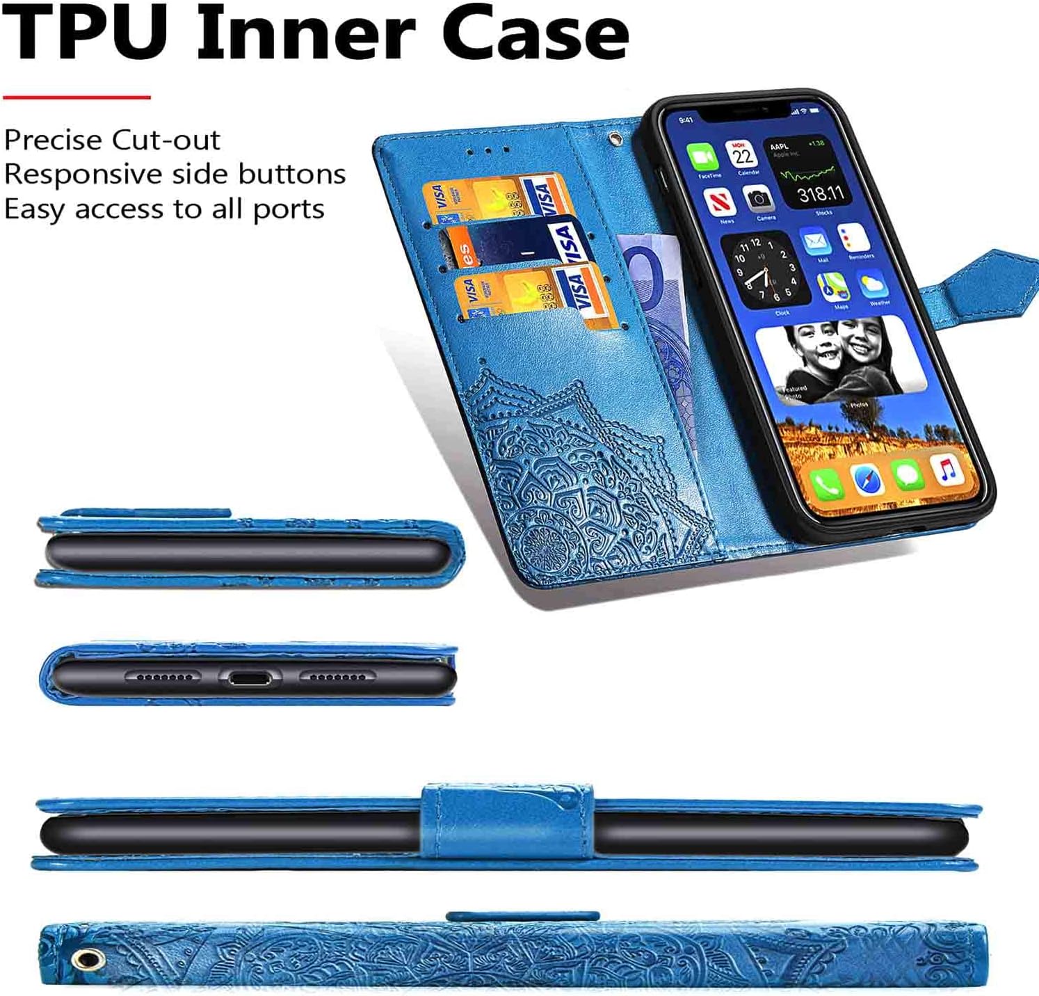 iEugen Compatible with iPhone 12 & iPhone 12 Pro Case,3 Card Slots,1 Note Pockets,Kickstand,Mandala Flower Embossed,Double Magnetic Clasp,Luxury PU Leather Wallet Case Flip Folio Cover,Black