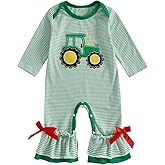 CREAIRY Newborn Baby Girl Fall Clothes Farm Tractor Striped Long Sleeve Jumpsuit Bow Bell Bottom Romper Overalls