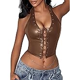 Benfoly Women's Leather Halter Top Punk Deep V Neck Grommet Eyelet Tie Front Corset Crop Tops Backless Mini Concert Outfits