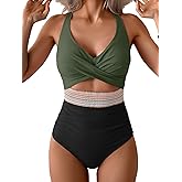 B2prity One Piece Swimsuit for Women Tummy Control V Neck Bathing Suit Color Block High Waisted Cutout Swimwear