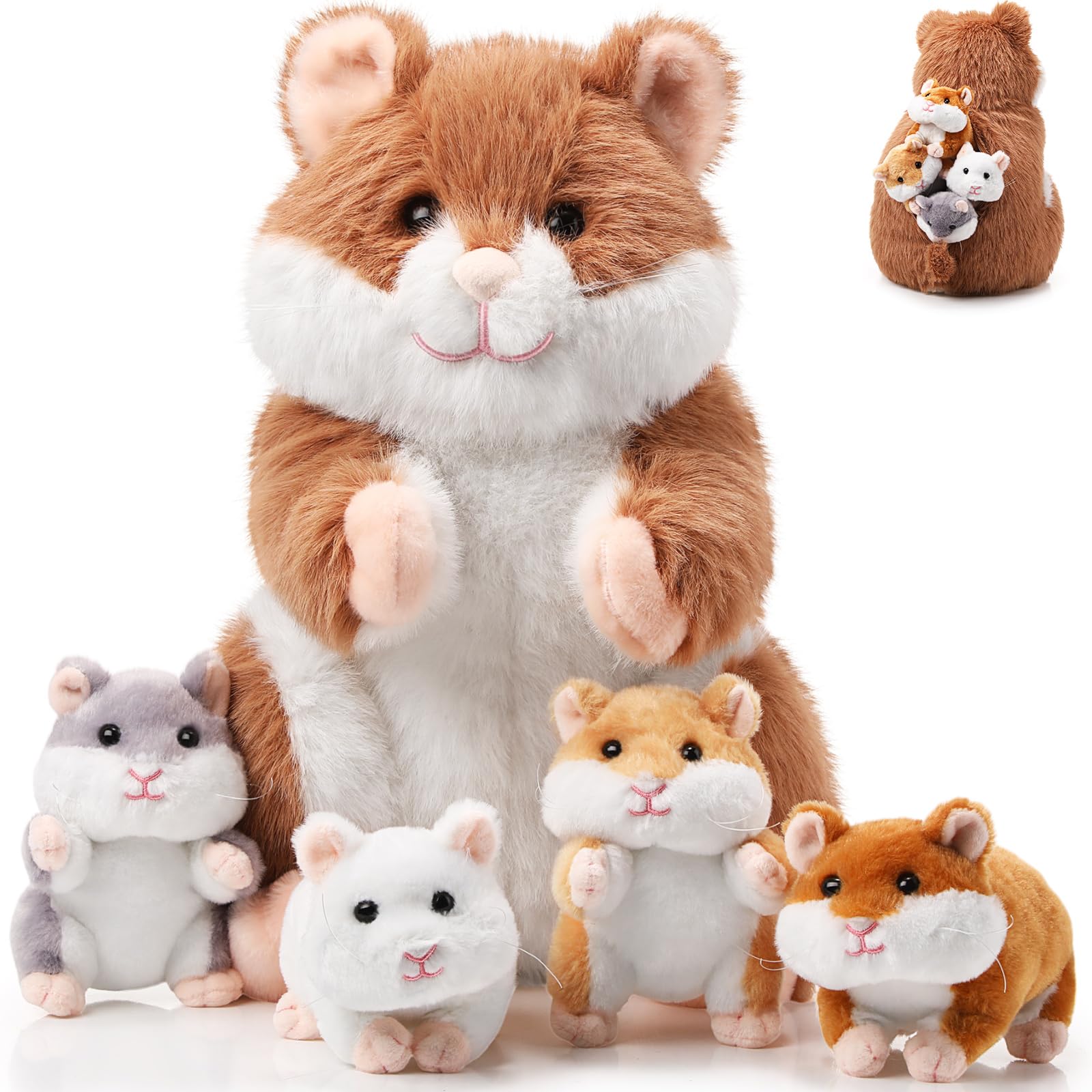 Photo 1 of Deekin 5 Pcs Hamster Stuffed Animal Set 14 Inch Hamster Mommy with 4 Cuddly Plush Babies in Belly Cute Plush Toys Gifts for Kids Birthday Party Decor