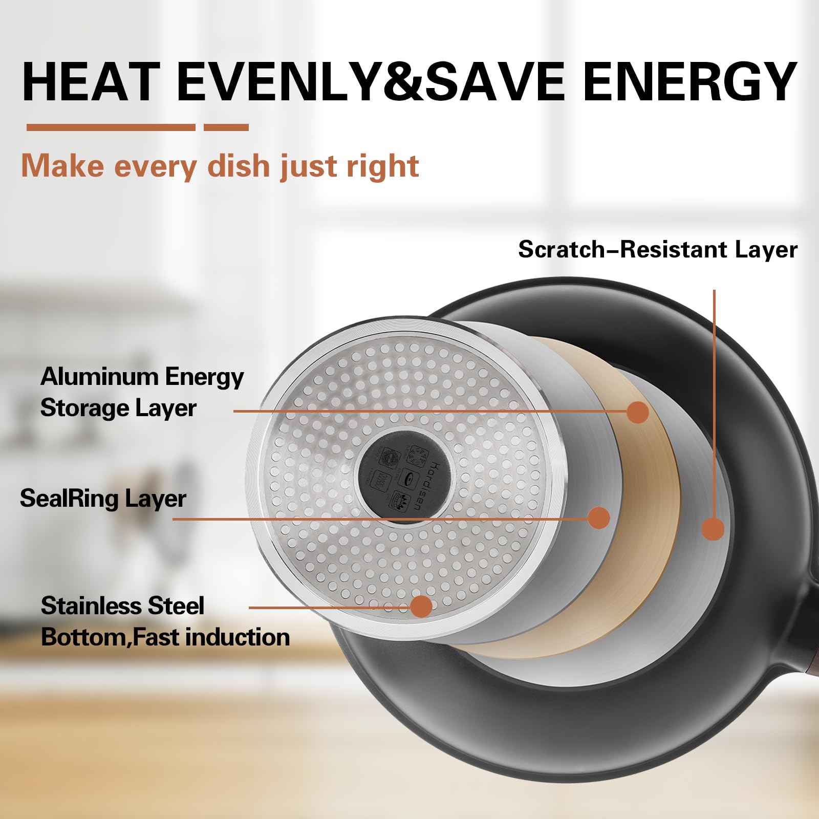 Kordisen Wokpfanne induktion, 30 cm Wok mit Deckel, Aluminiumguss, Beschichtung in Steinoptik, kompatibel mit allen Herden, PFOA-frei, Schwarz 5