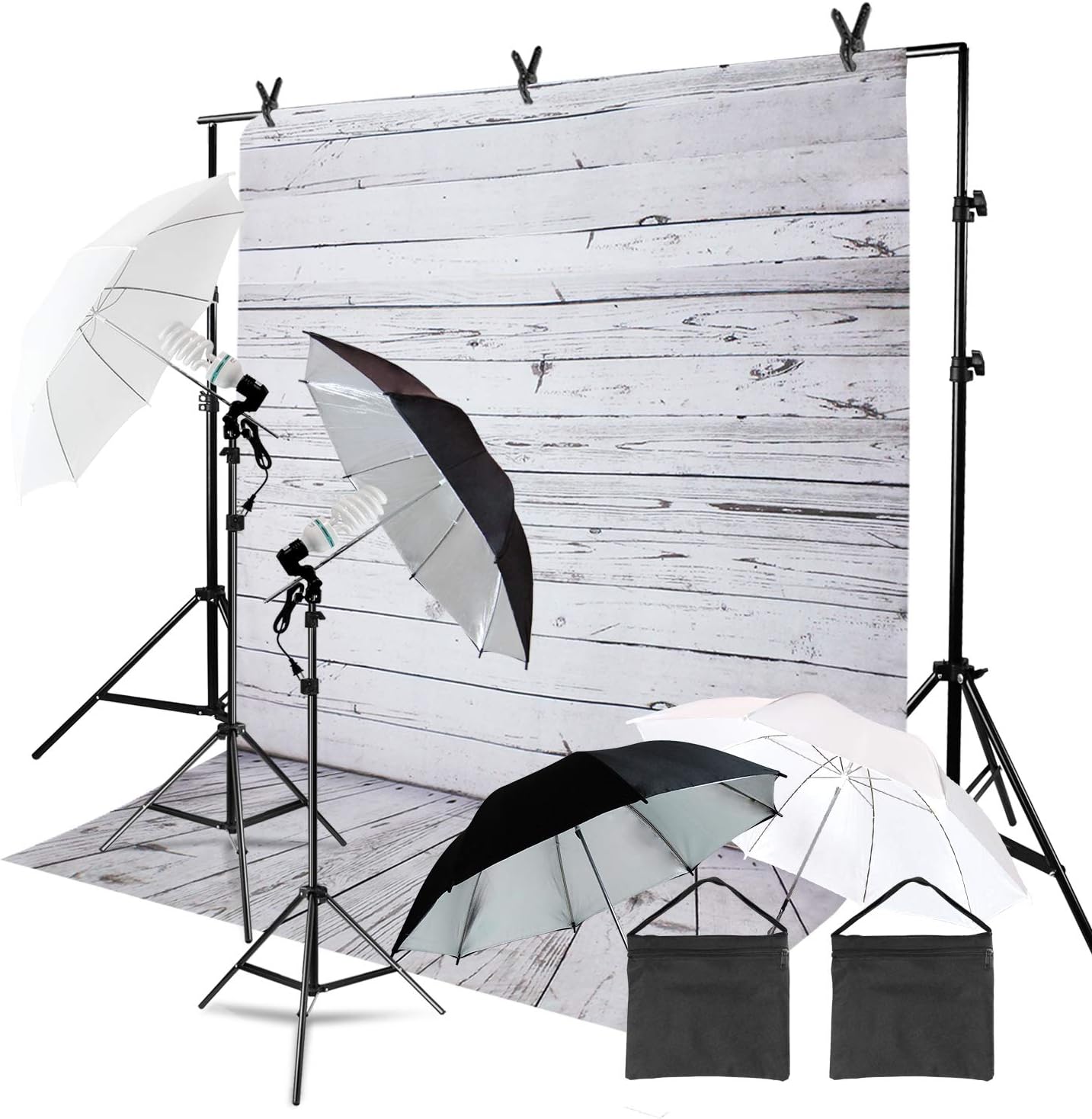 Julius Studio White Wood Floor Backdrop Kit with Crossbar Support System, Complete White and Black/Silver Umbrella Lighting Kit, Sand Bag, and Background Clamp for Photo and Video Studio, JSAG446