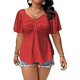 Eytino Womens Plus Size Tops Sweetheart Neck Short Sleeve Eyelet Embroidery Summer Loose Peplum Shirts(1X-5X)