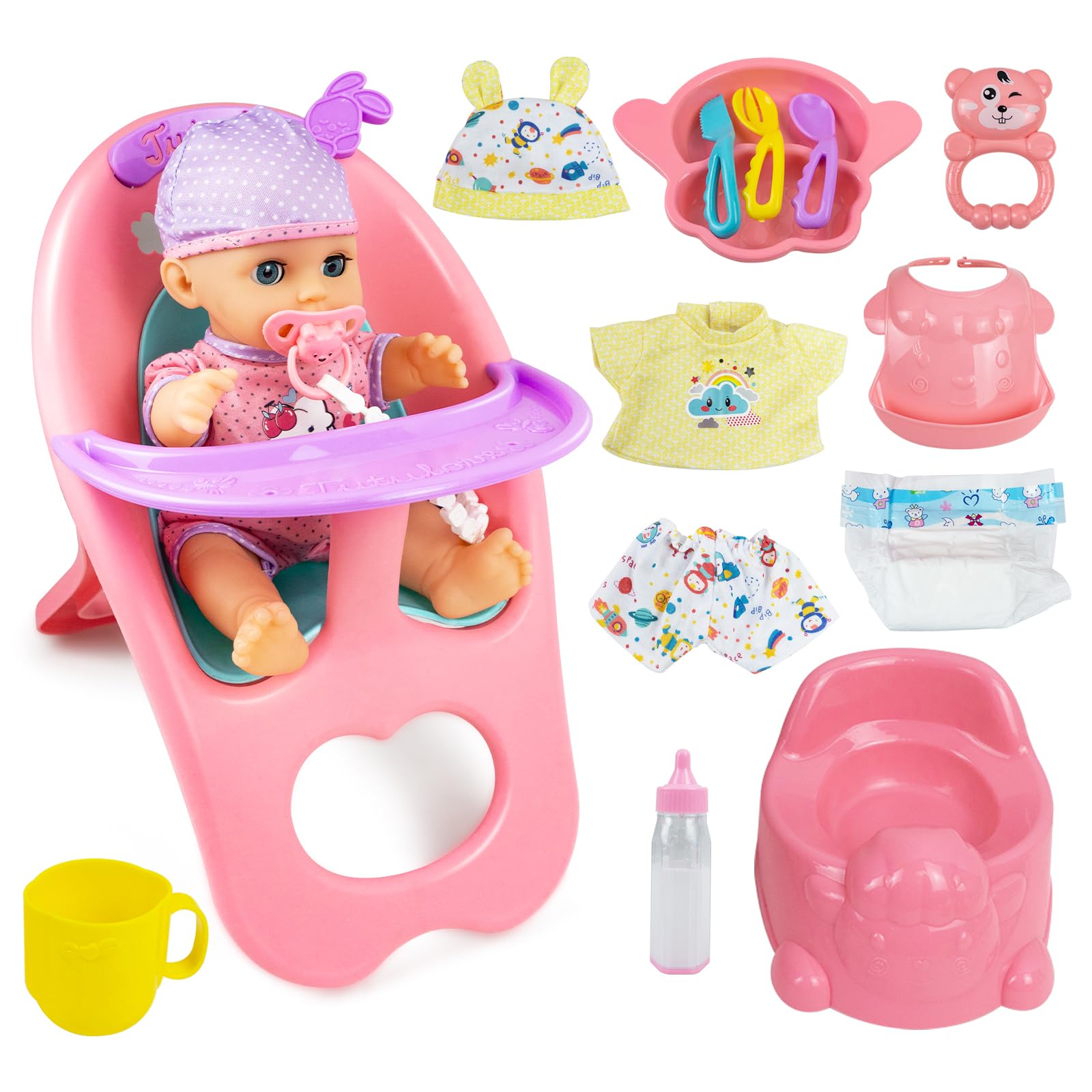 RedCrab Baby Doll Toys Set, Newborn Dolls PlaySet with High Chair Stroller Feeding ,Tableware Set and Doll Clothes Accessories, 15+ pcs toddler Pretend Play Gift Toys for Girls