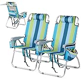 VINGLI Tall Beach Chair 2 Pack Lightweight, Backpack Beach Chair for Adults with 5-Position, Cooler Bag, Cup Holders, Towel Bar, Lightweight Folding Beach Camping Chairs (Blue/Green-16