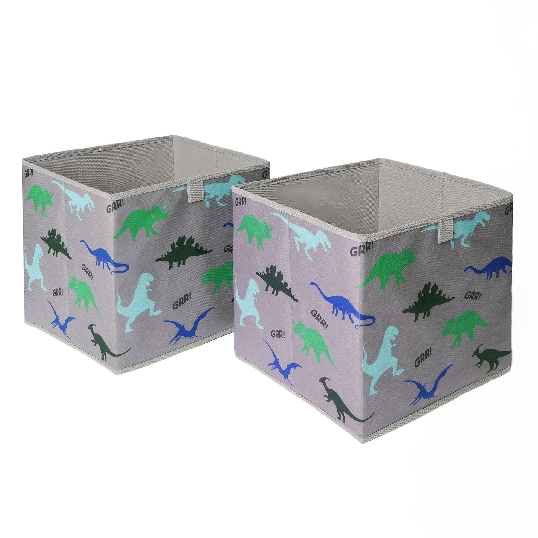 OHS 2 Pack of Dinosaur Print Kids Storage Toys Games Box Clothing Space Saving Foldable Organiser Cube, Charcoal Grey