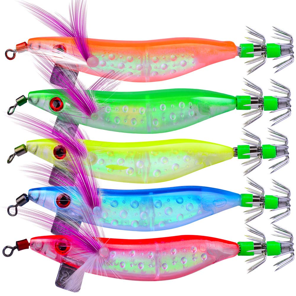 OriGlam 5pcs Luminous Saltwater Fishing Lures - Squid, Octopus, Bass Lures with Luminous Shrimp Baits for Freshwater and Saltwater