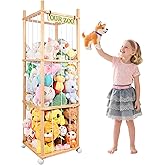 SHWWQUE Stuffed Animal Holder with Wheels Wooden Stuffed Animal Storage 54" Stuffed Animal Organizer Space Saving Plushies Storage with Elastic Band Large Capacity Stuffy Storage for Playroom Bedroom