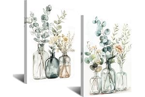 CXHOSTENT 2PCS Eucalyptus Wall Art Bathroom Floral Picture Watercolor Botanical Paintings Glass Vases Canvas Print Sage Green