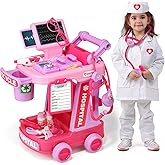 Liberry Doctor Kit for Toddlers Ages 2 3 4 5, Pretend Kids Doctor Playset with Cart, Costume and Stethoscope, Role Play Medical Toys Birthday Gift for Girls Boys (Pink)