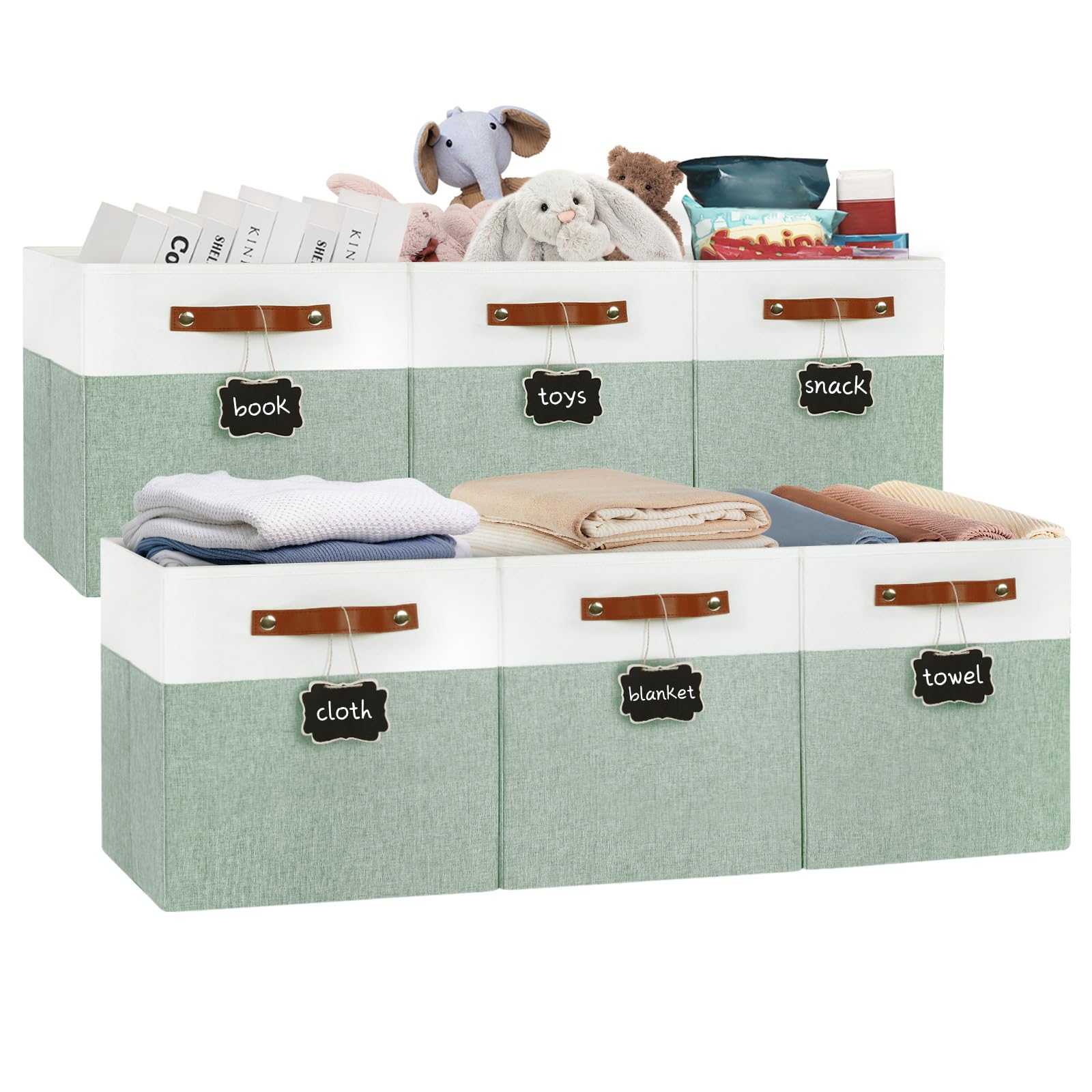 Photo 1 of 13x13 Cube Storage Bins, Collapsible Fabric Storage Baskets with Reinforced Bottom & Handles, for Shelves, Closets, Home Organization and Nursery (6 Pack, White/Green)