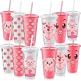 Nezyo 12 Pcs Pig Party Favors Pig Party Cups Bulk Birthday Decorations Farm Animal Supplies 24 oz Reusable Plastic Travel Tumblers with Straws and Lids White Pink Tumbler for Farm Birthday Gifts