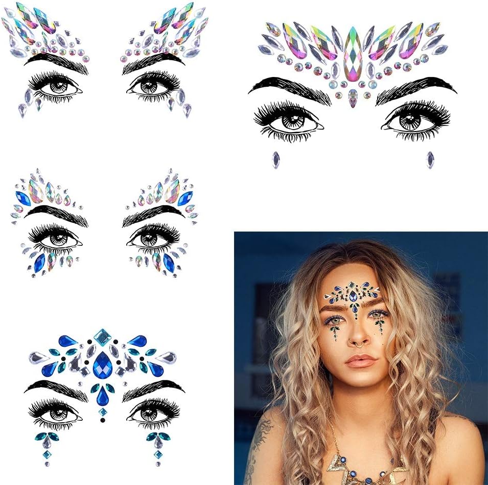 Face Jewels Glitter Temporary Tattoo, 4 Pcs Body Rhinestone Jewelry Stickers Crystal Mermaid Eyes Tears Gems Stones for Festival Party Women by IeBilif