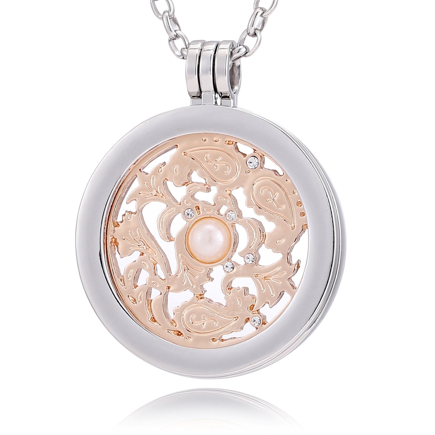 Morella Women Necklace 70 cm 27.5" Stainless Steel with Wind Ornament Coin 33 mm 1,3" Pink Gold in a Velvet Jewelry Bag