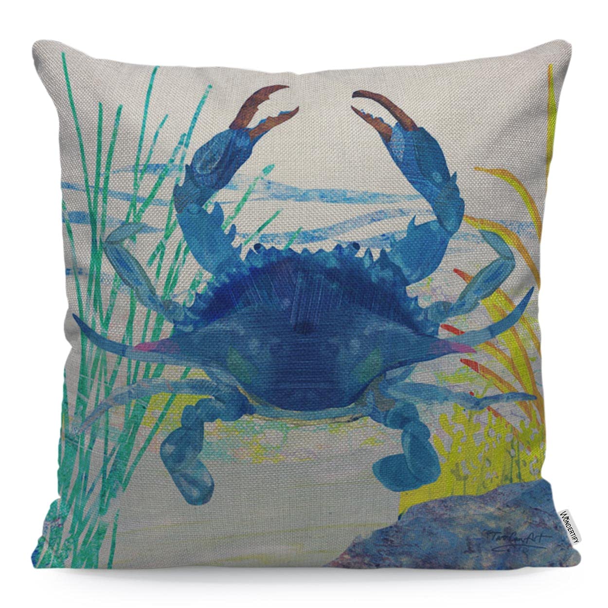 WONDERTIFY Blue Crab Cushion Cover Shallow Coastal Aquatic Plants Decorative Throw Pillow Covers, Sofa Pillow Case 45X45 Cm