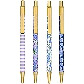 Lilly Pulitzer Black Ink Pen Set of 4, Retractable Pens for Home or Office, Colorful Plastic Click Pens, (Assorted)