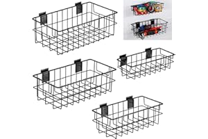 FillTouch 4 Pcs Slatwall Baskets for Metal Portable Slatwall Baskets with Handle Wall Mounted Hanging Storage and Display Organize for Shops Home Pantry Supplies, Black