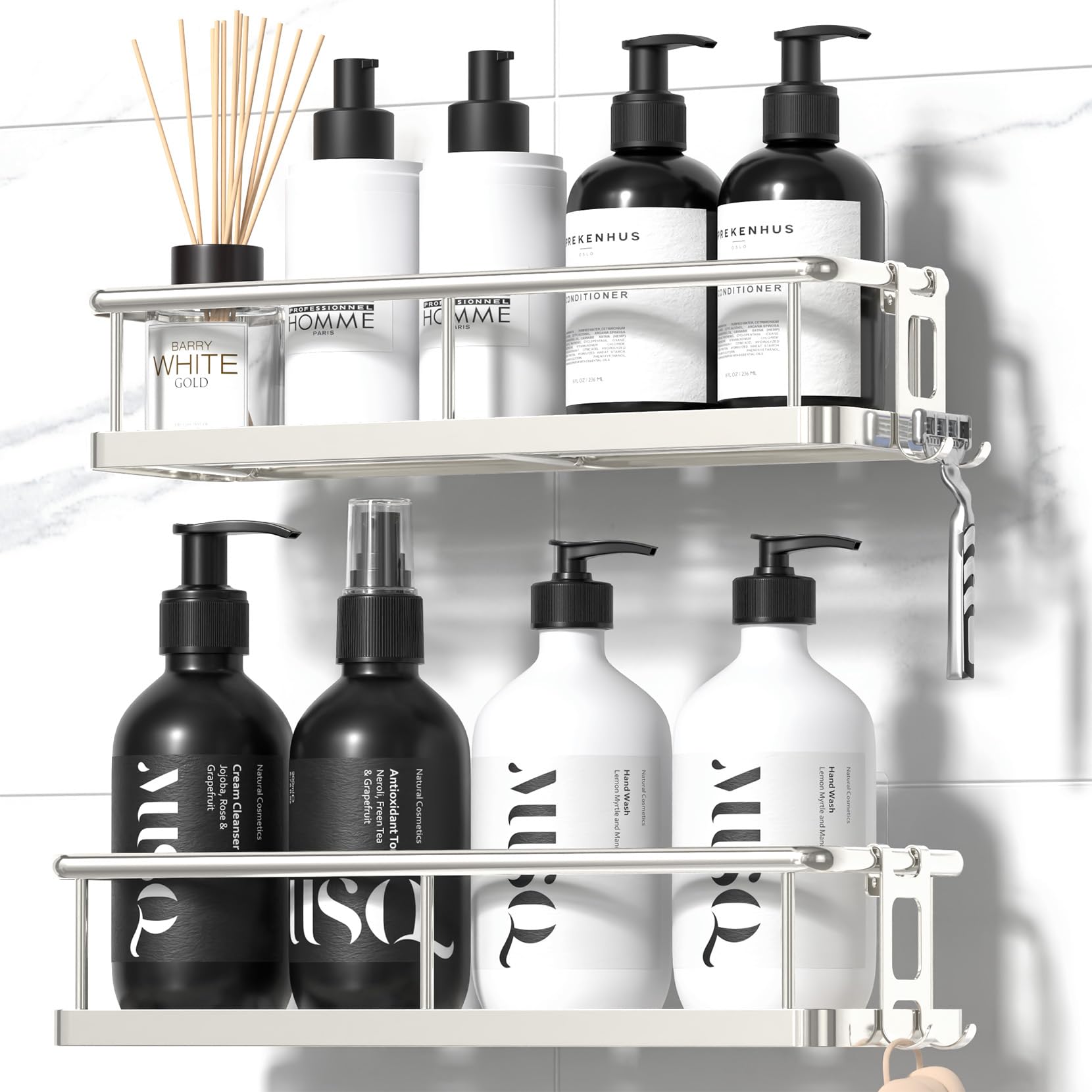 YASONIC Shower Caddy Adhesive, No Drill Bathroom Shower Organizers, with Removable Hooks, Rust Proof Shower Shelves, Wall-Mounted Shower Holder, 2 Pack Silver