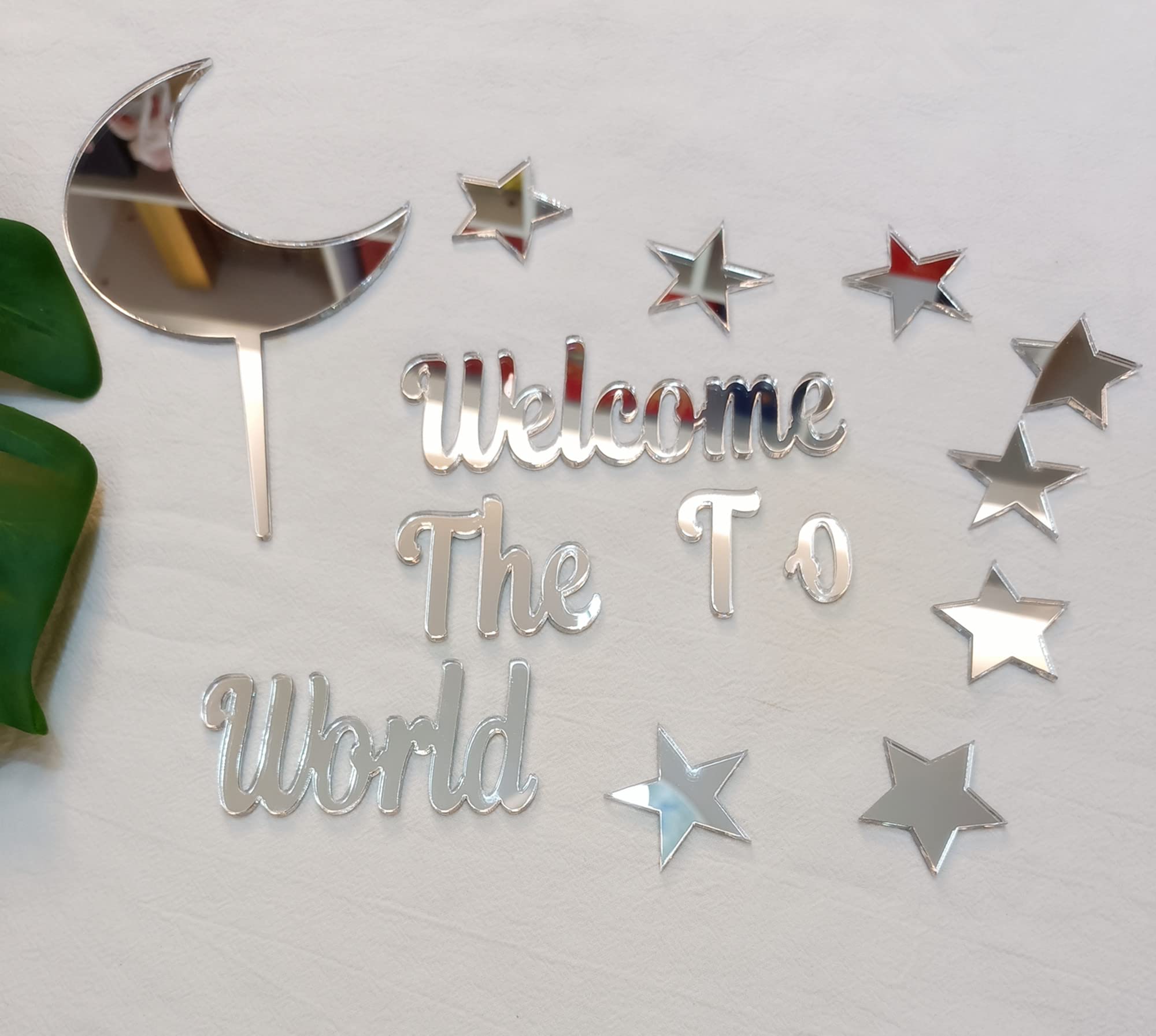 Acrylic Moon Star Cake Toppers,Welcome To The World Twink Star Cake Decorations Babyshower Cake Toppers (Silver Mirror)