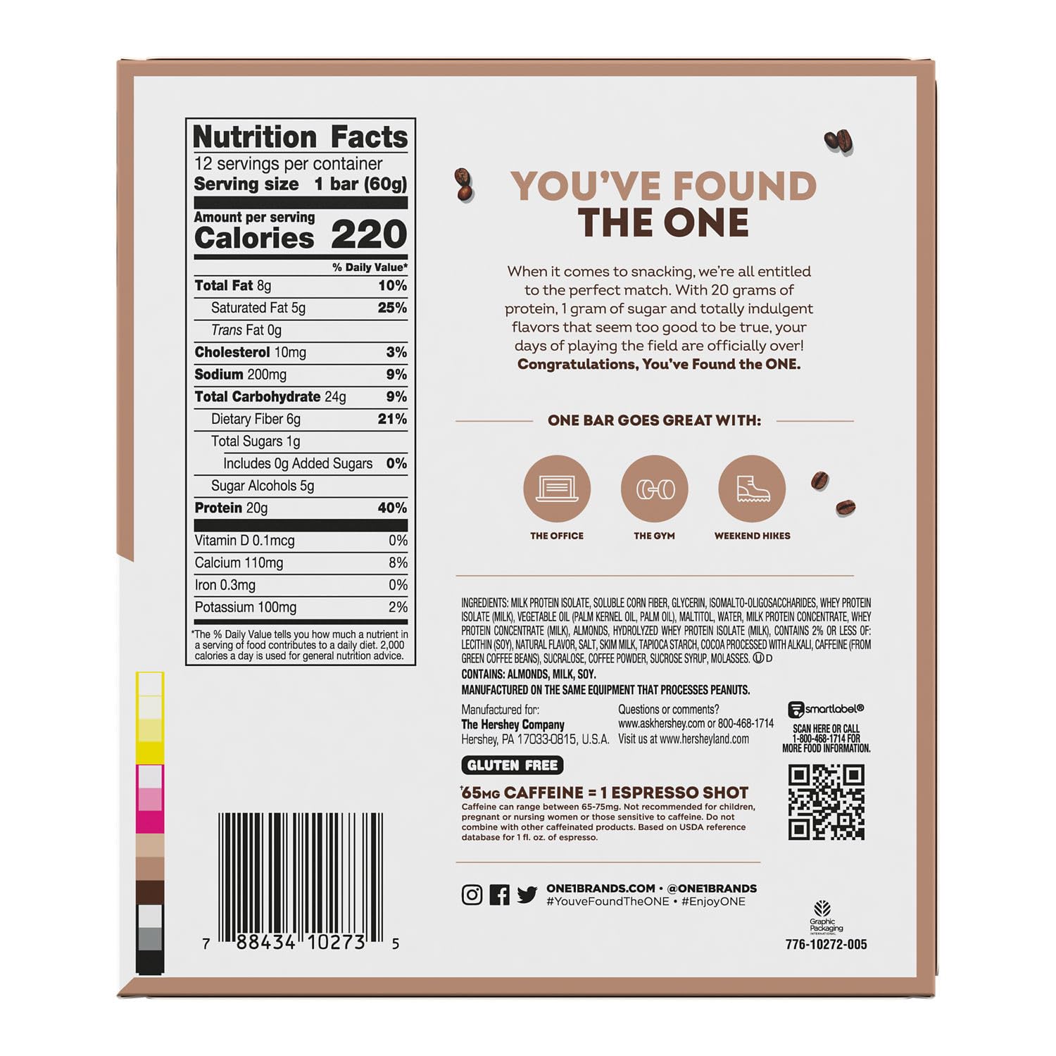 ONE Coffee Shop Caffeinated Protein Bars, Vanilla Latte, Gluten Free with 20g Protein and 65mg of Caffeine Energy, Pantry Staples, 2.12 oz (12 Count), Packaging May Vary