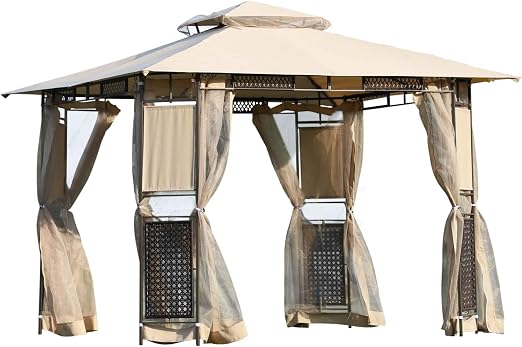 Outsunny 3 X 3 Meter Metal Gazebo Garden Outdoor Marquee Party Tent Canopy Pavillion Patio Shelter With Mesh Sidewalls Curtains Khaki Amazon Co Uk Garden Outdoors