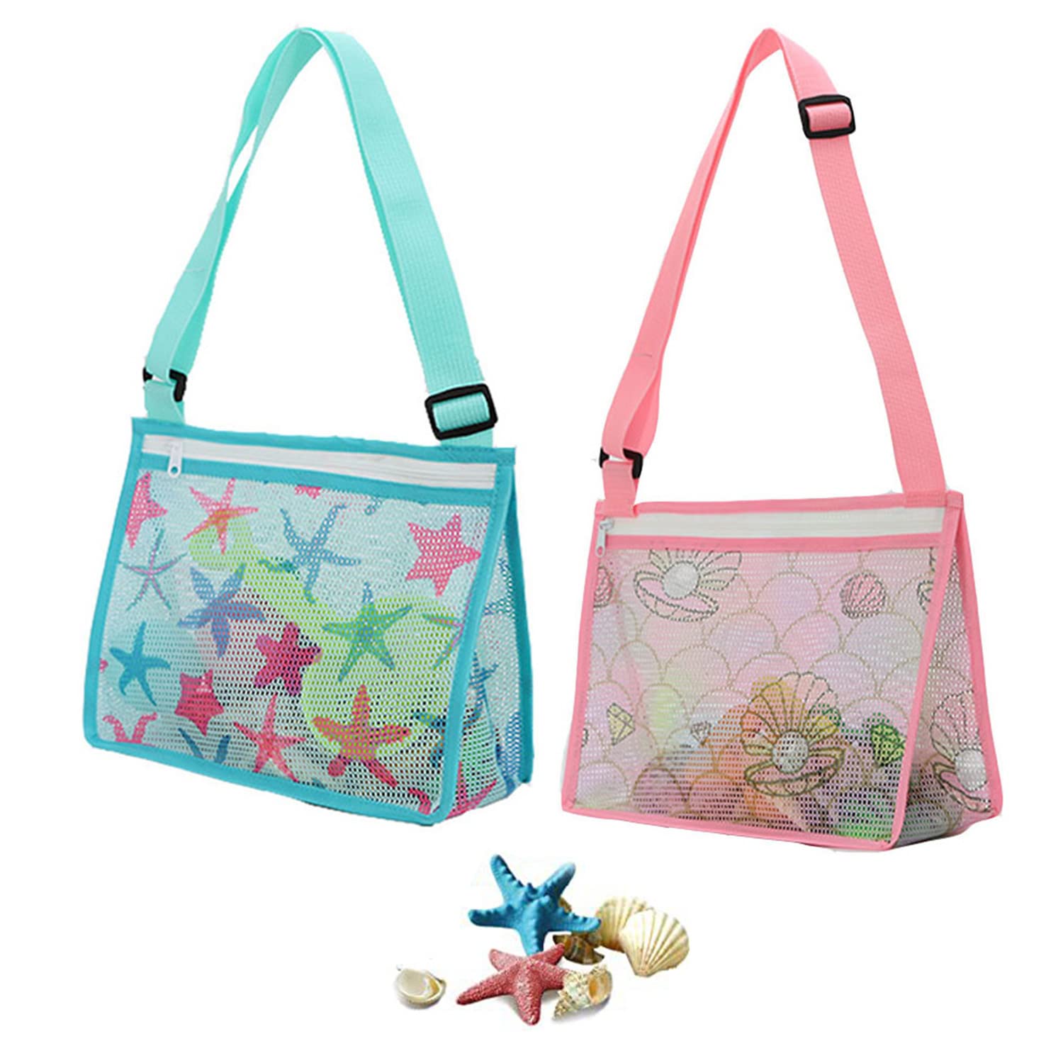 Mesh Beach Bag Seashell Beach Toy Bags Shell Collecting Totes Expandable Beach Sand Toy with Printing and Adjustable Carrying Straps (2pcs, Blue+Pink)