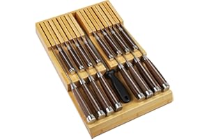 WenCraft Bamboo Kitchen Drawer Knife Holder, in-Drawer Knife Block, Knife Drawer Organizer fit for 16 Knives and 1 Steel Shar