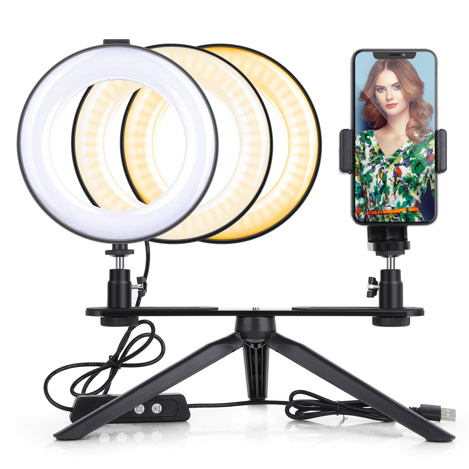 LED Ring Light Kit 6" with Tripod Stand & Phone Holder Dimmable Desk Ring Make Up Light with 10 Brightness Level for YouTube Video Live Streaming Makeup Selfie Photography