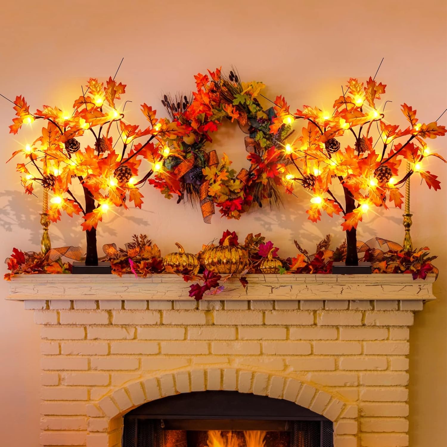 Trees - 2 Pack Fall Lighted Maple Tree, Fall Decorations for Home 24 Acorns LED Lights Artificial Light up Tree,6 PineCones Ornament Battery Powered for Thanksgiving Gifts Fall Decor(with Thank You Card)