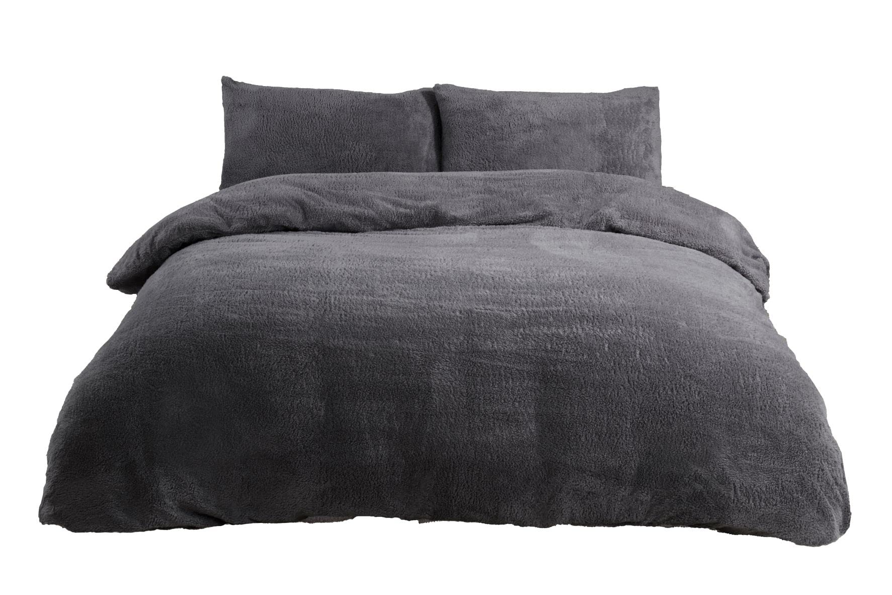 Sleepdown Teddy Fleece Duvet Cover Quilt Bedding Set with Pillow Cases Thermal Warm Cosy Super Soft - Double - Charcoal