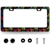 Neon Skull License Plate Frame Colorful Skulls Print Goth Gothic License Plate Holder Stainless Steel Auto Parts Funny License Plate Decoration with Screws Size 12.3