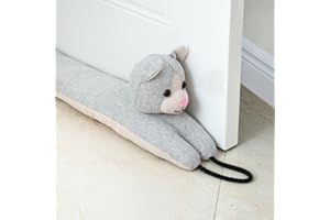 Marwood Under Door Draft Stopper Decorative Wind Stopper 32 inch for Door & Window, Weighted Animal Air Draft Stopper Snake Noise Blocker for Bottom of Door with Hanging Loops - Grey Cat
