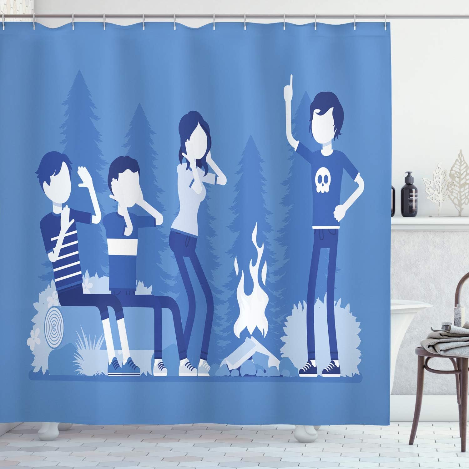 Amazon Com Lunarable Camp Friends Shower Curtain Campfire Story Themed Composition Fairy Tale Design Monochrome Silhouettes Cloth Fabric Bathroom Decor Set With Hooks 70 Long Blue And White Home Kitchen