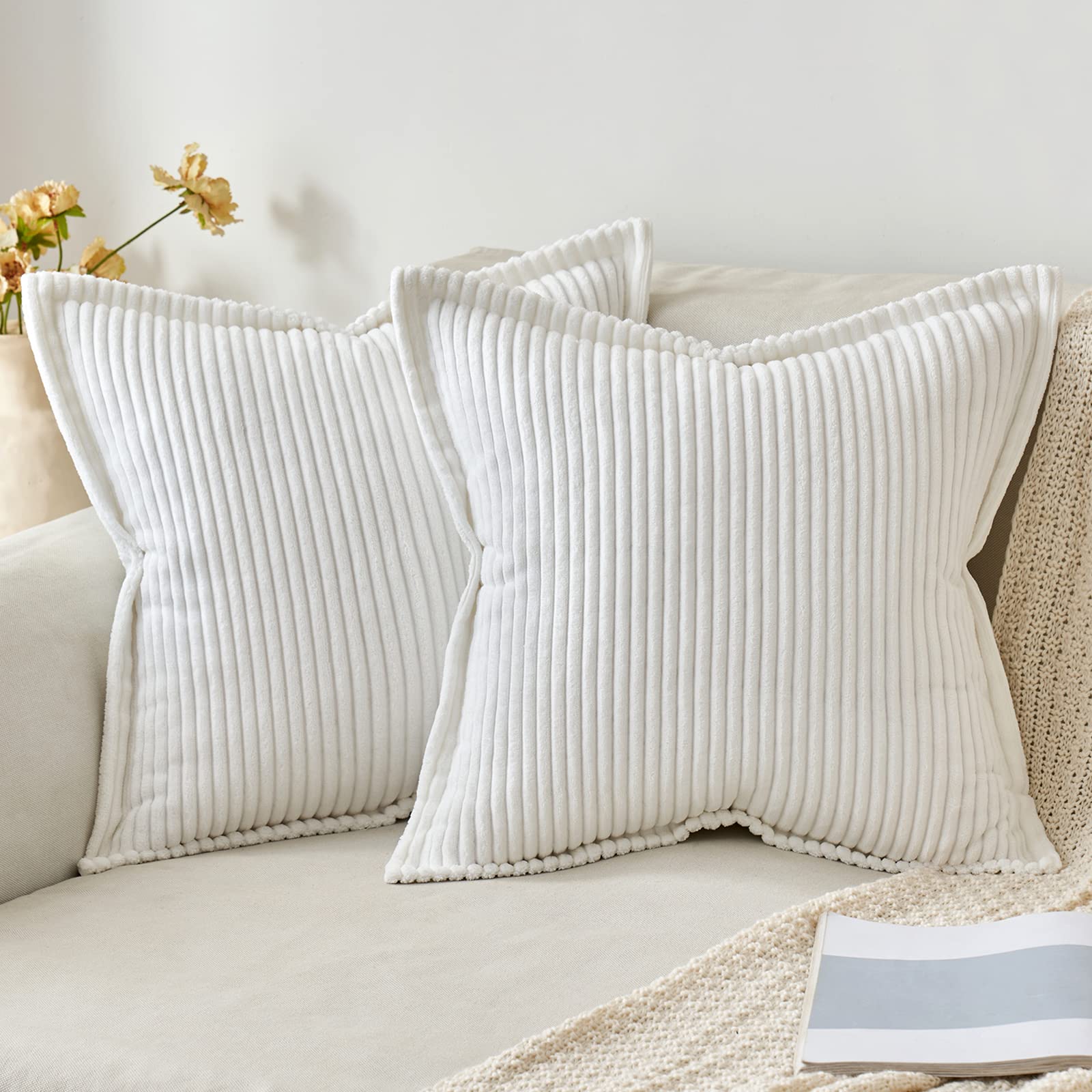 MIULEE Corduroy Cushion Covers Soft Decorative Square Throw Pillow Covers for Spring Cushion Pillowcase Striped Corduroy Cushion Covers Pack of 2 for Home decor Sofa 40x40cm, Bleach White
