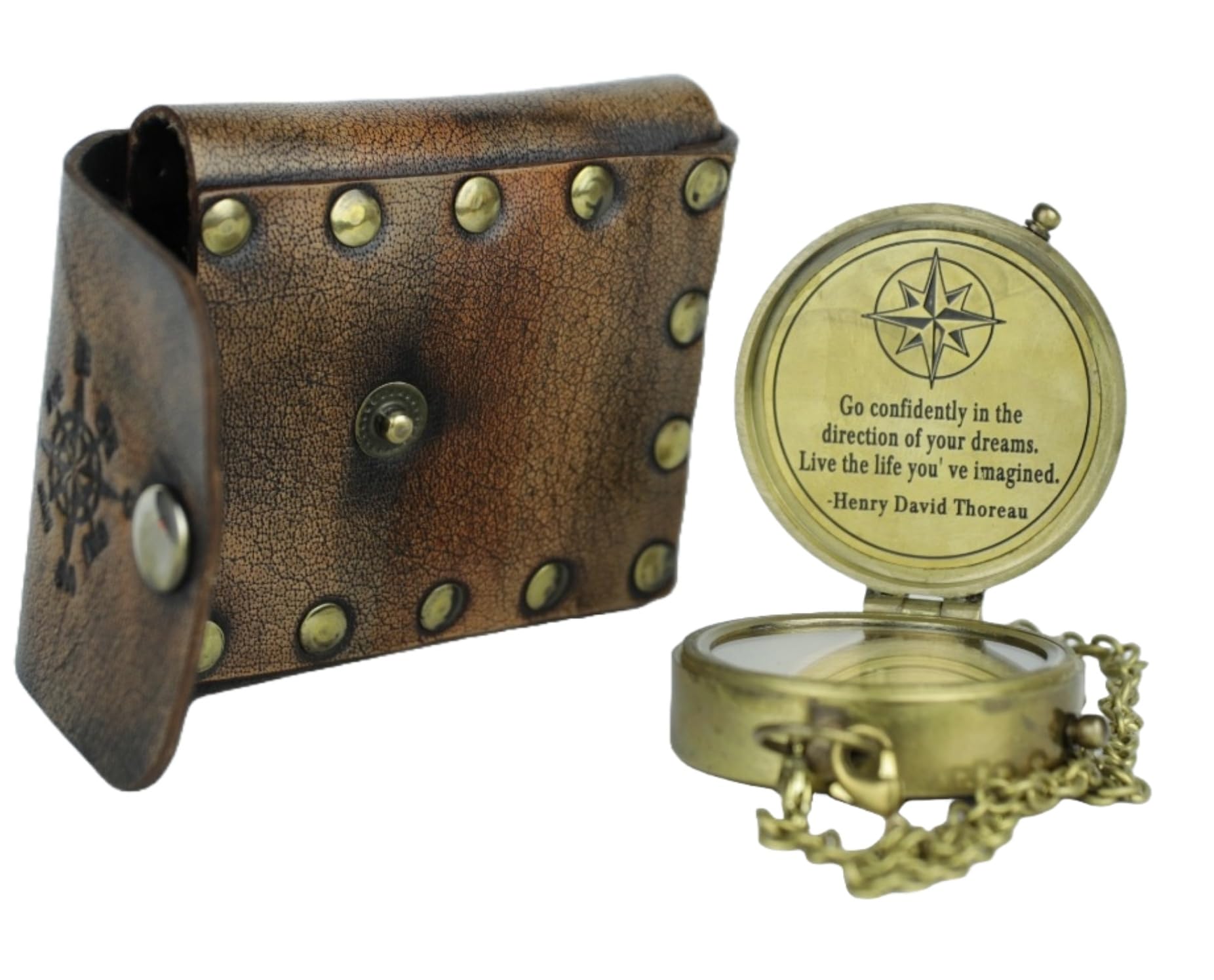 Fully Functional Antique Nautical Compass - Hand Made Brass Pocket Design for Navigation, Coronation Elizabeth Steampunk Style in Leather Case.