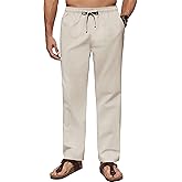 COOFANDY Men's Casual Linen Pants Elastic Waist Drawstring Beach Summer Pants Lightweight Linen Trousers