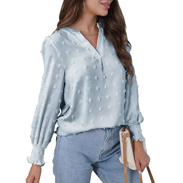 FWAY WOMENS TOPS DRESSY CASUAL V NECK DOT LONG SLEEVE WORK SHIRTS CHIFFON BLOUSES FASHION 2023 TUNIC SHIRT LIGHT BLUE