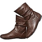 Women's Leather Slouchy Flat Ankle Boots Comfortable Round Toe Casual Pull On Booties Fall Winter Fashion Low Heel Short Boots