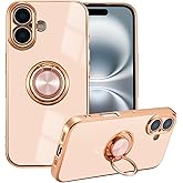EYZUTAK Case for iPhone 17, Phone Case with 360° Rotatable Finger Ring Holder Kickstand Magnetic Car Mount Supported Shiny Plating Gold Edge Slim Soft Silicone Protective Cover - Light Pink